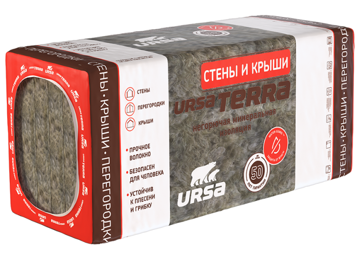 Утеплитель Ursa Terra 36 PN Стены и крыши (1250*610*100) 0,381м3/3,810м2